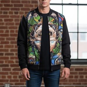 BLEECKER & MERCER Men's Black and Green Graphic Bomber Jacket size XL